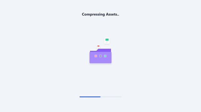 Compressing assets animation with folder and progress bar on white backdrop