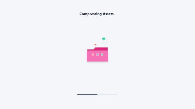 Compressing assets animation with a pink folder and progress bar on white