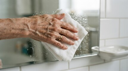 Fototapeta premium Elderly woman wiping a misty bathroom mirror with a white cloth, representing cleanliness, aging, and daily hygiene routine in home