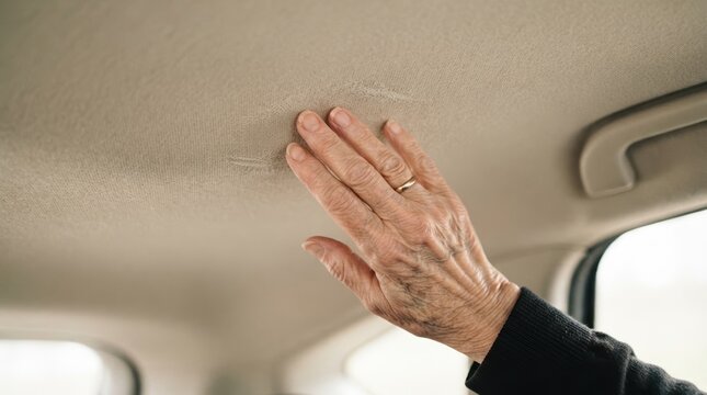 Elderly woman inspecting sagging car ceiling headliner fabric interior damage problem