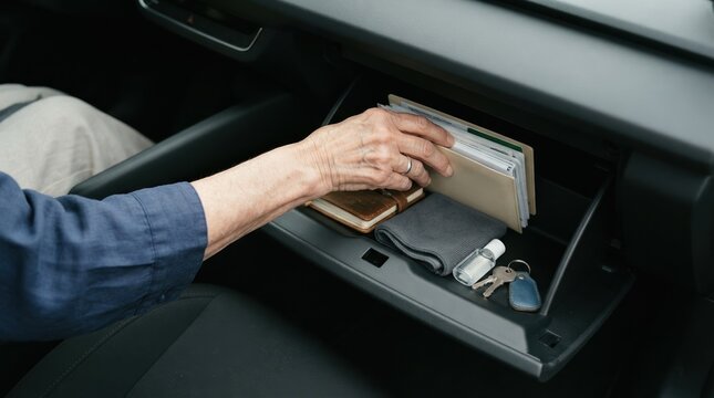 Elderly woman searching documents inside the car glove compartment for insurance and registration