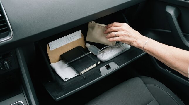 Woman taking small pouch from open car glove compartment filled with personal items and accessories