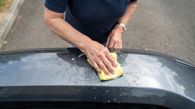 Senior woman washing a car bumper with a sponge and soapy water to clean bugs and dirt