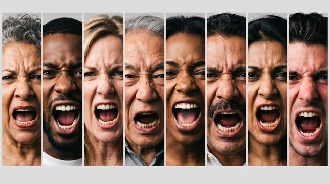 Collage of diverse people expressing anger and screaming at camera with shouting screaming expression negative