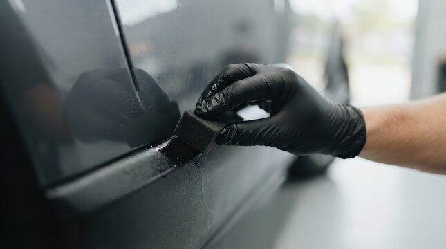 Professional automotive detailer applying ceramic coating or wax on car body using a sponge