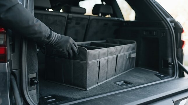 Person placing a black collapsible car trunk organizer with multiple compartments in a modern SUV