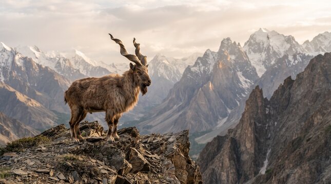 Markhor goat stands proudly on a high mountain ridge with dramatic jagged snow-covered peaks in the distance.