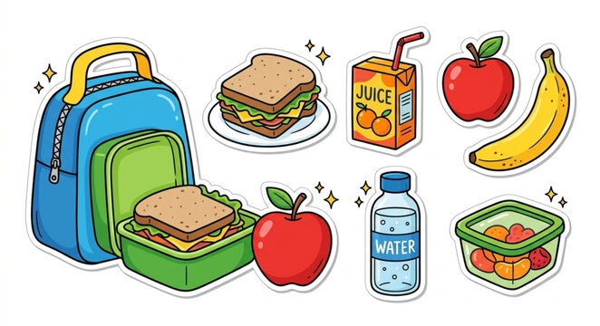 School lunch box sticker set with healthy food icons, colorful cartoon meal collection, vector illustration of sandwich, fruit, and juice