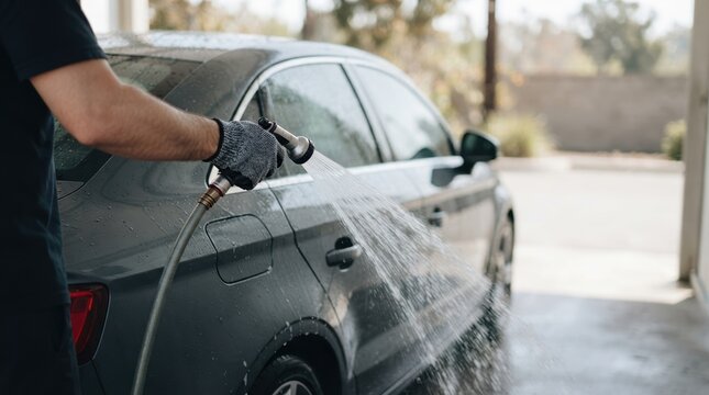Man washing a dark grey sedan with a water hose at a self service car wash bay