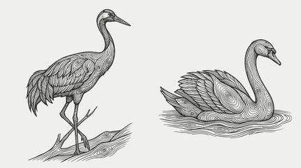 Cranes and swans are depicted in this detailed hand-drawn illustration featuring two distinct water birds standing and swimming gracefully. © Ryan