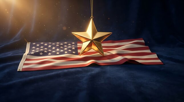 Golden Star Hanging Over American Flag Patriotic Concept