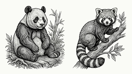 Giant panda and red panda are depicted in a detailed black and white artistic illustration style. © Ryan