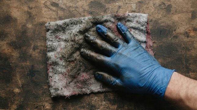 A person in a blue glove cleaning a dirty surface with a rag, representing maintenance work and DIY repair concepts