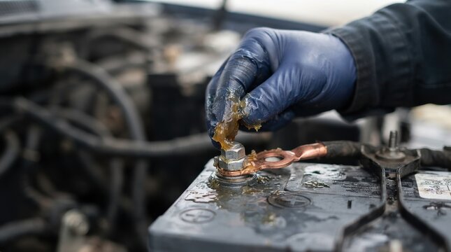 Mechanic applying protective grease to car battery terminal to prevent corrosion during engine maintenance