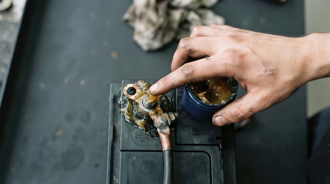 Mechanic applying grease to a car battery terminal to prevent corrosion in an auto repair shop