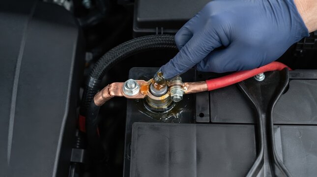 Mechanic applying protective grease to a car battery terminal to prevent corrosion and ensure connection
