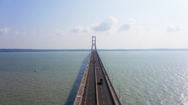 Aerial view of traffic on Suramadu Bridge in Surabaya Indonesia