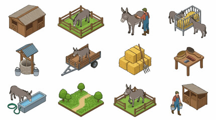 Colorful pixel art collection of farm animals and rural objects.