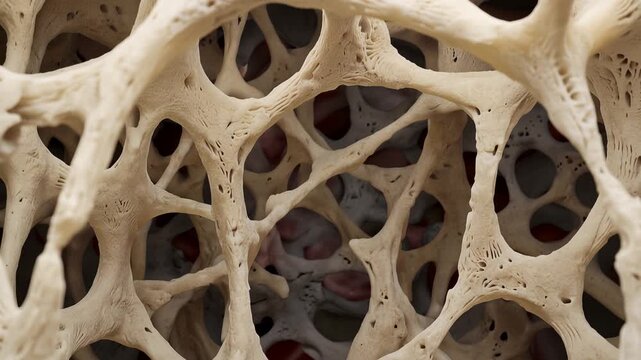 Microscopic macro journey through porous osteoporotic or osteoporosis bone matrix, pale yellow and ivory trabecular structure, detailed cellular texture, 4K video