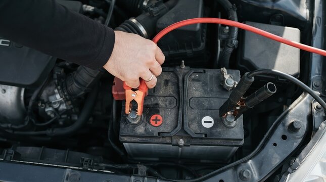 Mechanic jump-starting a car battery with jumper cables in an engine bay, concept of auto repair and emergency roadside assistance
