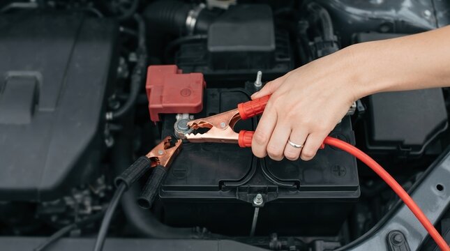 Woman jumping a car battery with jumper cables in an engine bay representing roadside assistance and vehicle maintenance
