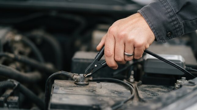 Mechanic man jumping a car battery with jumper cables in an engine bay