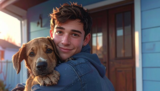 Young man hugging his puppy on adoption day. Happy pawrents celebrating new pet ownership.