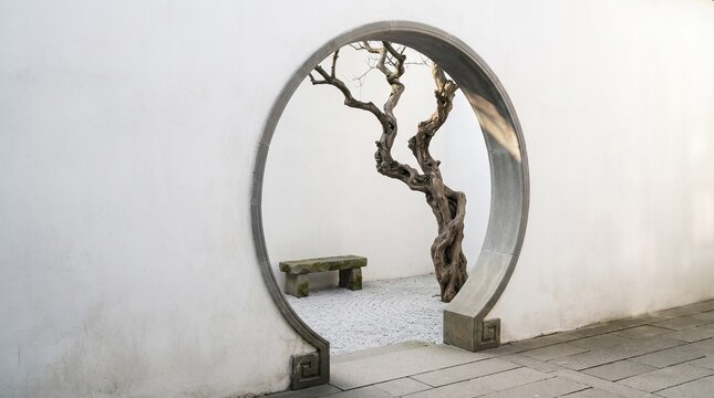 Traditional Asian moon gate opening to a minimalist zen garden with a stone bench and a gnarled tree