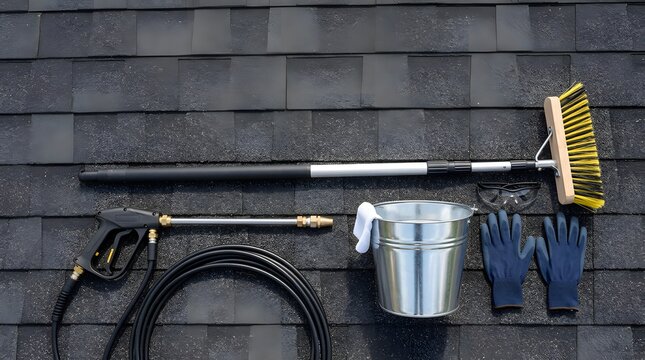 Roof cleaning tools kit displayed on dark textured shingles featuring telescopic brush sprayer gun metal bucket safety goggles and protective blue work gloves.