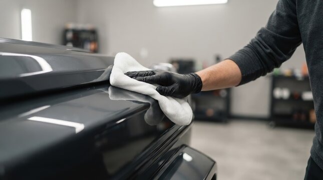 Professional detailer wiping and polishing a dark grey car with a microfiber cloth in an auto shop