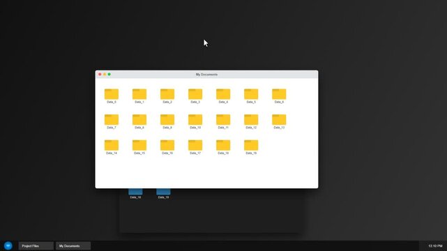 Computer desktop interface with file folders opening in a system window