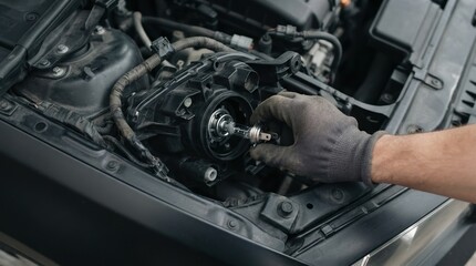 Fototapeta premium Mechanic changing a car headlight bulb in the engine bay of a vehicle for maintenance and repair
