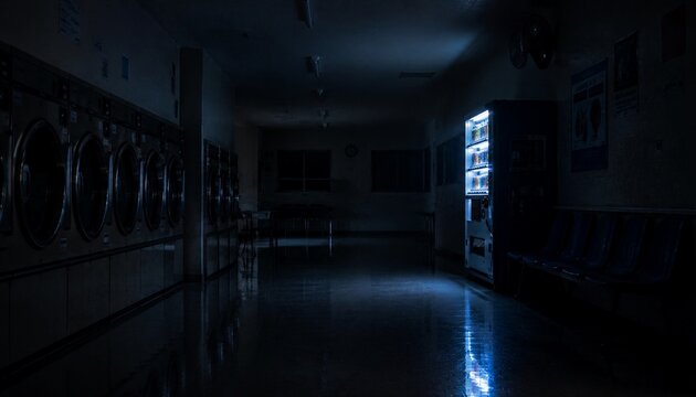 Dark Coin Laundry Interior with Glowing Vending Machine at Night