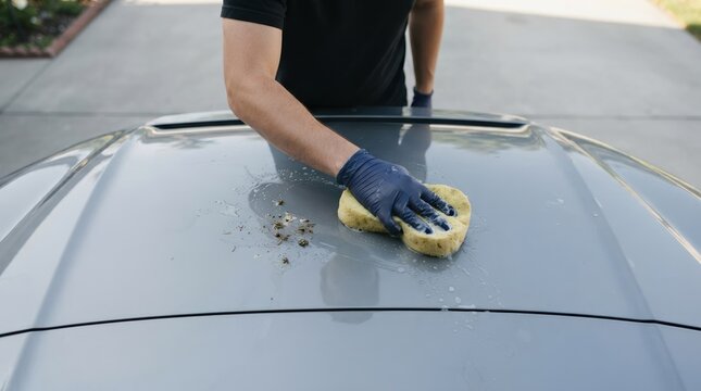 A man in late twenties wearing blue gloves cleaning bug splatters off a grey car hood with a yellow sponge