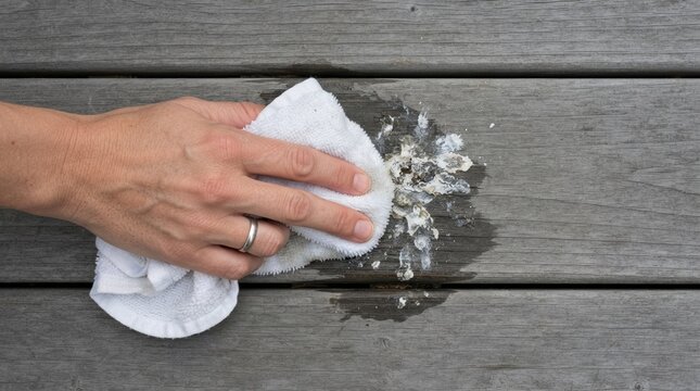 Woman cleaning bird droppings off a wooden deck surface with a white cloth, representing outdoor maintenance, property care, and hygiene