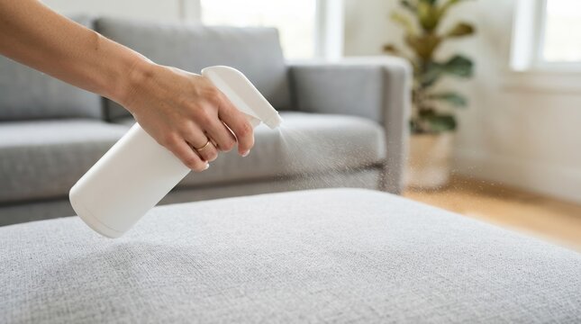 Woman spraying fabric refresher on gray sofa to sanitize and deodorize living room furniture