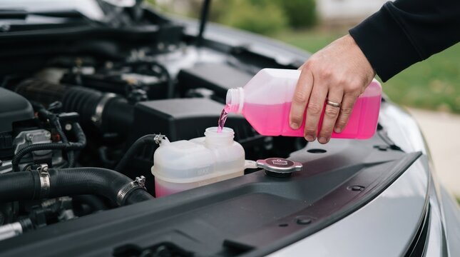 Person pouring pink coolant into a car engine coolant reservoir for vehicle maintenance and repair