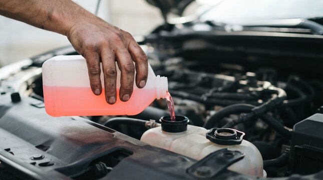 Mechanic pouring pink coolant into car engine reservoir for vehicle maintenance and cooling system repair