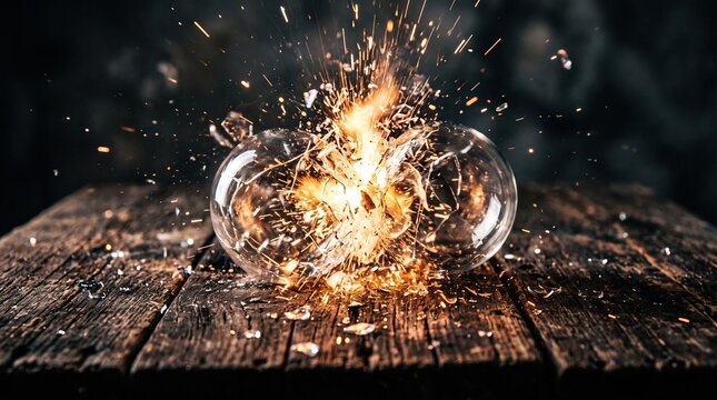 Light bulb shattering on a rustic wooden table with sparks explosion shattered breaking destruction electricity