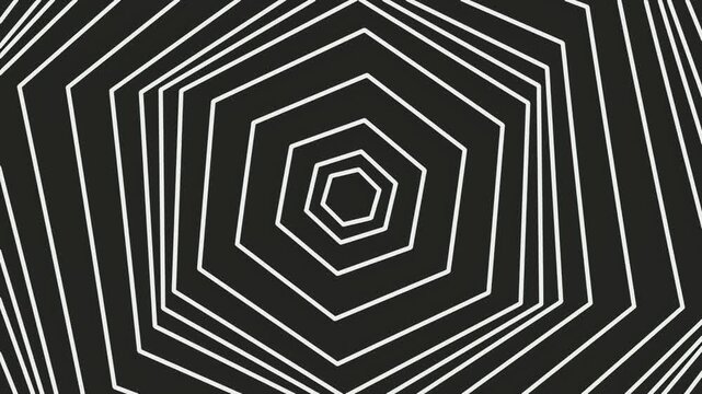 Abstract Geometric Background with Concentric White Hexagonal Lines on a Black Backdrop Creating a Deep Perspective Tunnel Effect