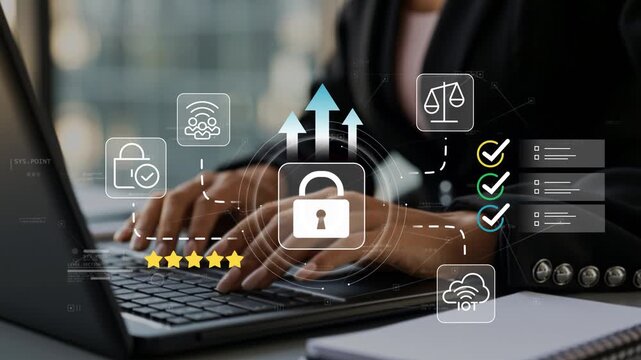 Businesswoman overseeing compliance excellence with animated lock icon, governance framework, business protection, regulatory controls and operational performance