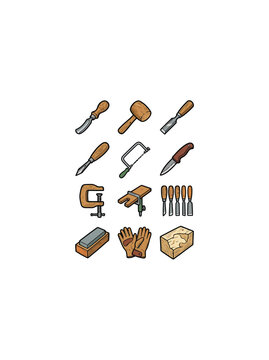 Detailed Set Of Woodcarving Instruments Including Flat And Gouge Chisels Wooden Mallet Bow Saw Pocket Knife C Clamp Bench Vise Sharpening Equipment Protective Gloves And Vector Illustration
