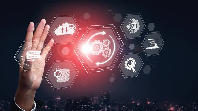 Digital transformation and technology integration with hand gesture, icons of cloud computing and data management against dark urban skyline Sigmoid