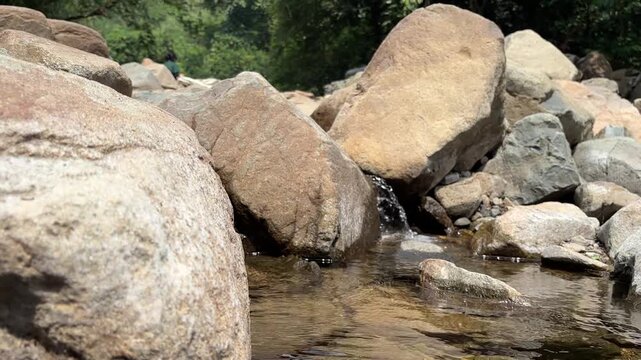 Rocks in a shallow stream with greenery in the background