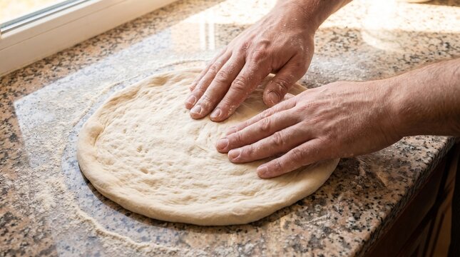 Hands carefully shaping raw pizza dough on a marble countertop, ready for toppings and baking at home