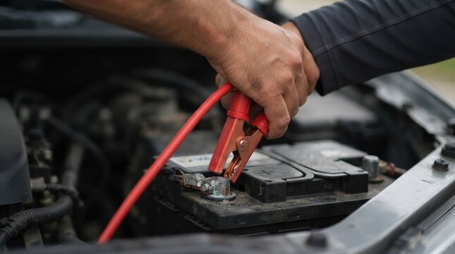 Man jumping a car battery with red jumper cables in an engine bay representing roadside assistance and vehicle maintenance