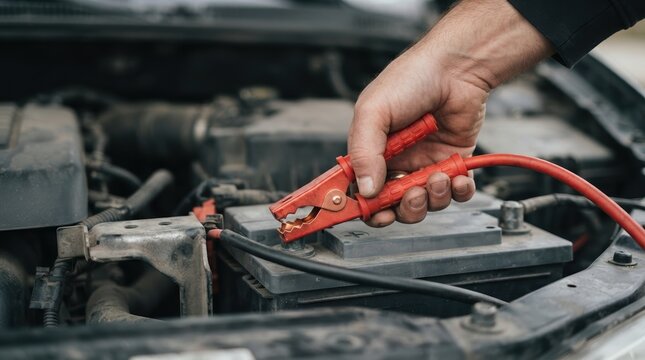 Man jumping a dead car battery with red jumper cables in an engine bay to fix a broken down vehicle