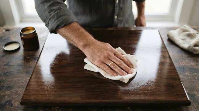 Man applying wax finish to a wooden board with a cloth for furniture restoration and woodworking