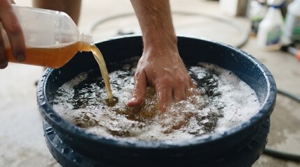 Fototapeta premium Adult male pouring car wash soap from plastic bottle into soapy water bucket in garage for detailing