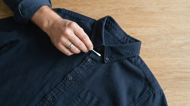 Man cleaning dark blue cotton shirt with cotton swab to remove stain on collar